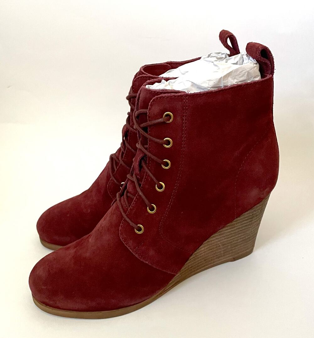 Dita Wedge Lace Leather Suede Upper Boot Burgundy Red Size 7 NEW